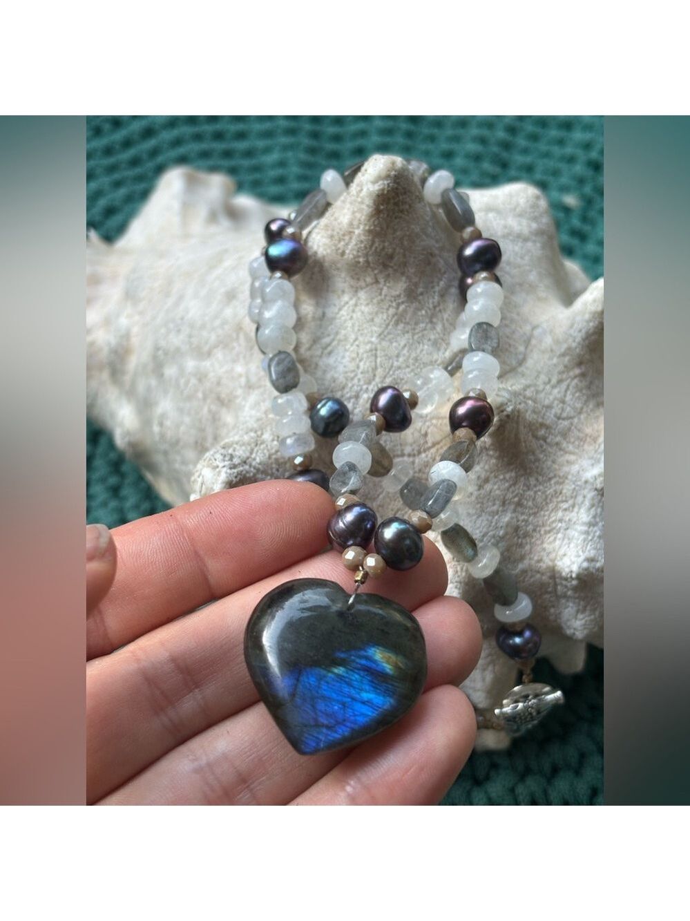 💙 Artisan Hand-Crafted Blue Labradorite Heart, Black Pearl & Moonstone Necklace